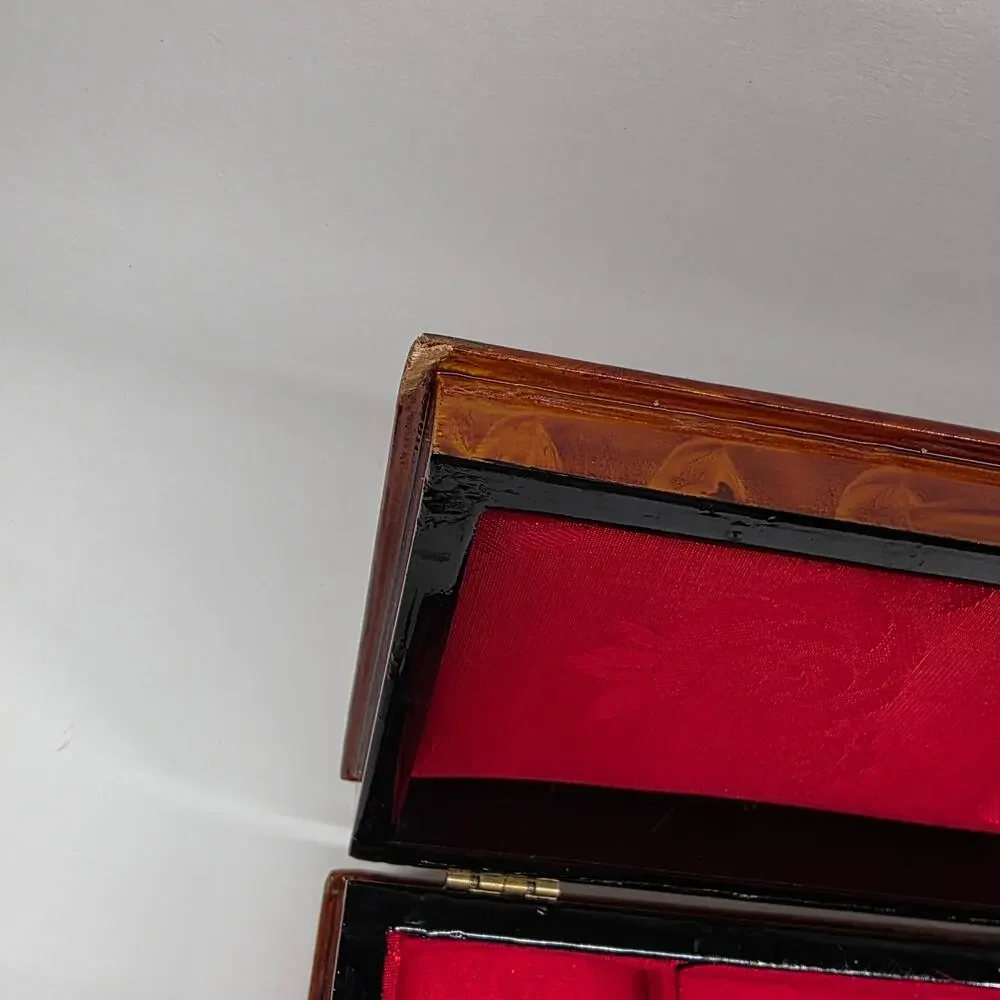 Vintage Chinese Wooden Jewelry Box Brass Hardware Jade Stone Inlay Red Lined